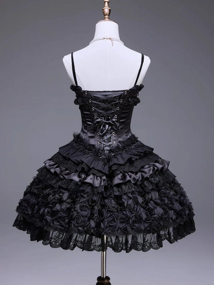 Black Lace-Up JSK Dress with Floral Brooch and Overlay - Airfreeing