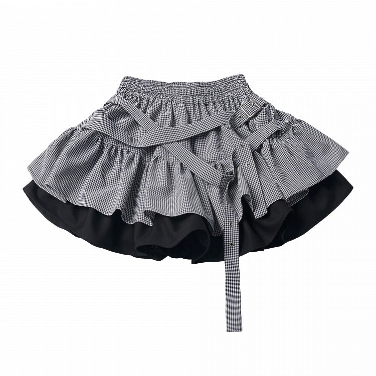 Black & White Gingham Layered Skirt with Buckle Strap - PINK SAVIOR