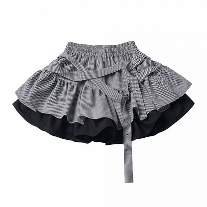 Black & White Gingham Layered Skirt with Buckle Strap - PINK SAVIOR
