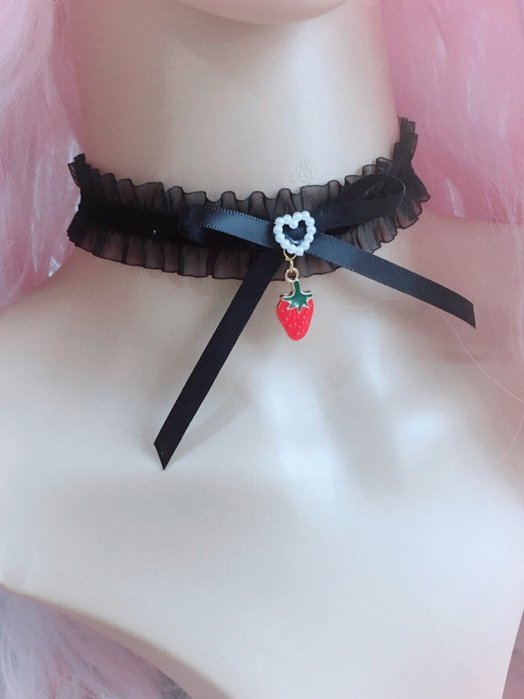 Pearl-Heart Sweet Choker Lolita Strawberry Black