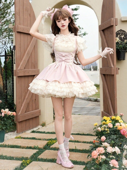 3つのフリル付きロリータジャンパー裾スカートピンクバストレイヤー