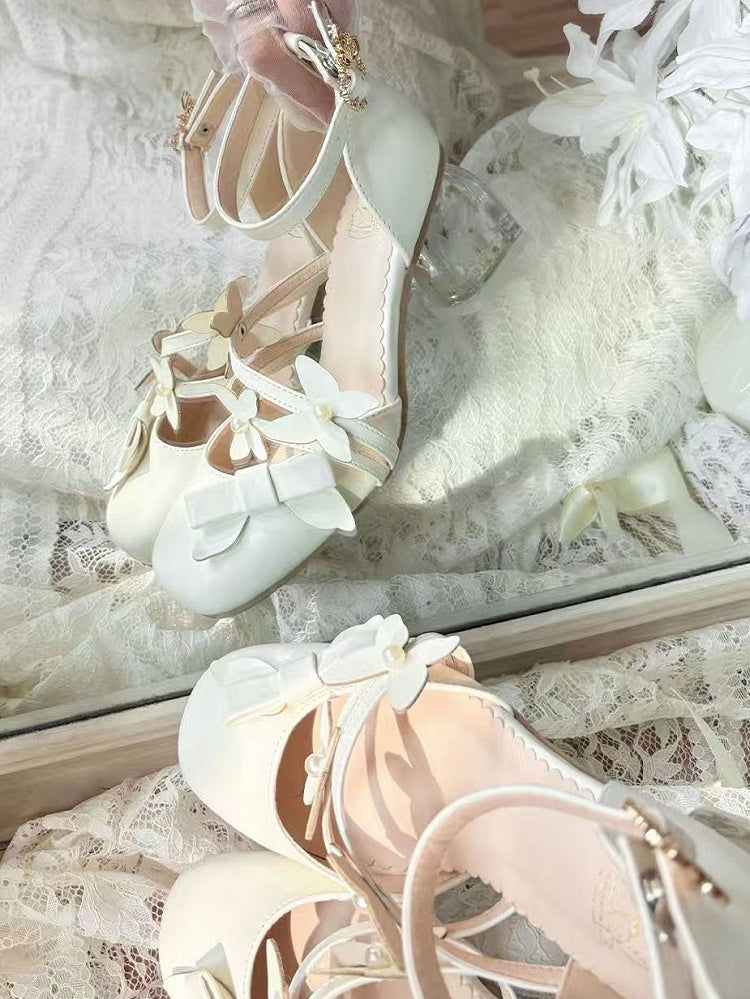 Sandals - White Leather for Decor Bow PU Lolita Elegance Mid-heel