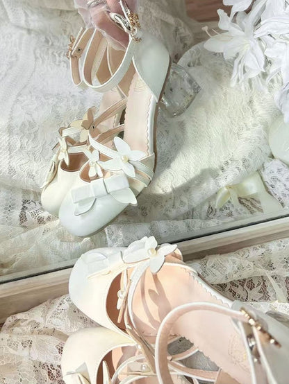 Sandals - White Leather for Decor Bow PU Lolita Elegance Mid-heel