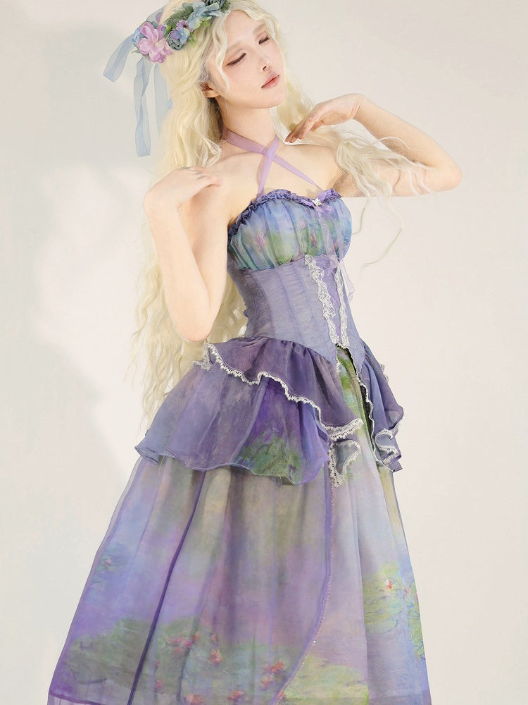 Fairy Oil Painting Purple Tiered Flounce Hem Halter Boned Corset Top Print