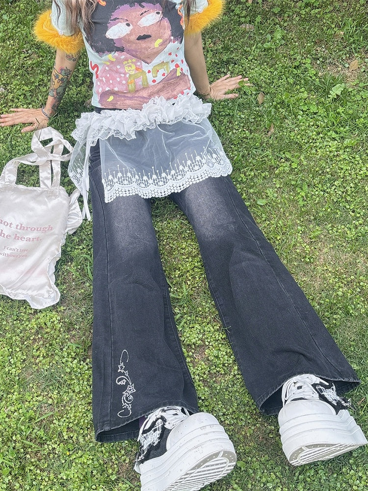 ほろ苦い刺繍入りホワイトY2Kカフトリムパンツフローラルシアーレースアクセサリーフリル