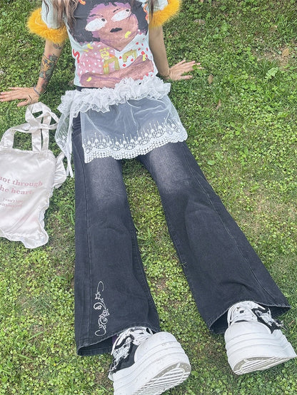 ほろ苦い刺繍入りホワイトY2Kカフトリムパンツフローラルシアーレースアクセサリーフリル