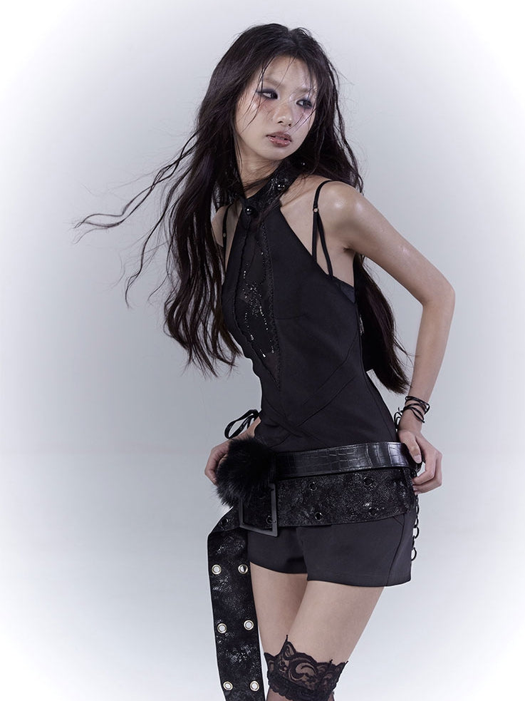 ウエストPUベルト グラマラス ブラック プラッシュトリム