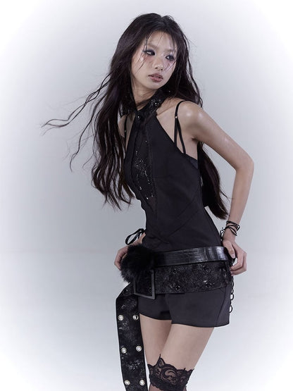 ベルト付きグラマラスブラックホルターネックスパイダーラインストーンジャンプスーツ（バックル付き）