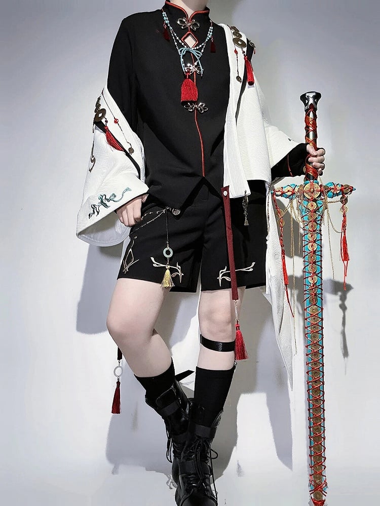 Chinoiserie Fashion Style Black Ouji Banded Frog Collar Button Top
