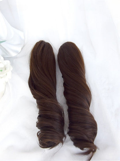 フル22cmクリップ、30cmブラウンストレートバングス、ショートポニーテールウィッグ、ダブルカーリー+ローマンクロー