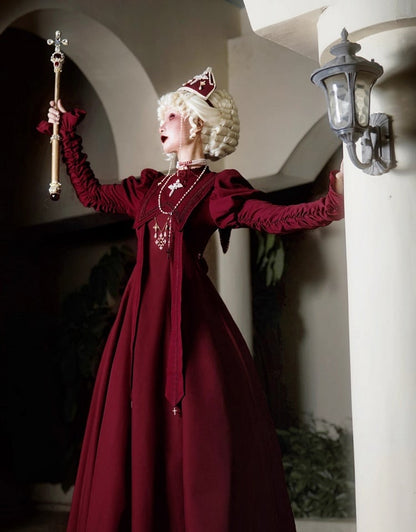 Wine Nun Outfits Halloween Dress Sleeves Cross Lolita Gathering Embroidery Red Juliette
