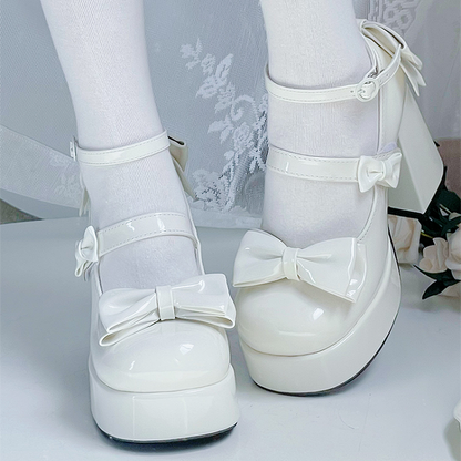 Weiße Lolita-Schuhe mit Schleife und Plateau und hohem Blockabsatz