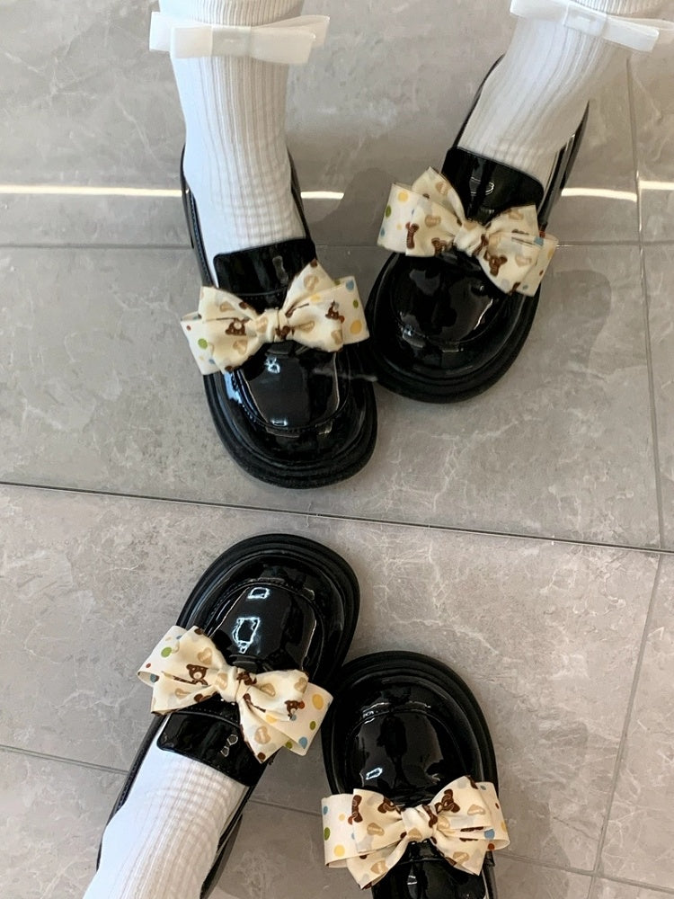 Fit Style Black JK Detachable in Loafers Mid-heel Design Print Academic Bear Bow Slip-in