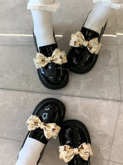Fit Style Black JK Detachable in Loafers Mid-heel Design Print Academic Bear Bow Slip-in