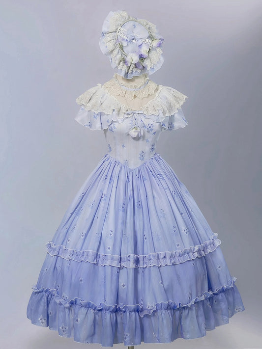 Hals Blau Stiefmütterchen Print Lolita Kleid Elegant Edward