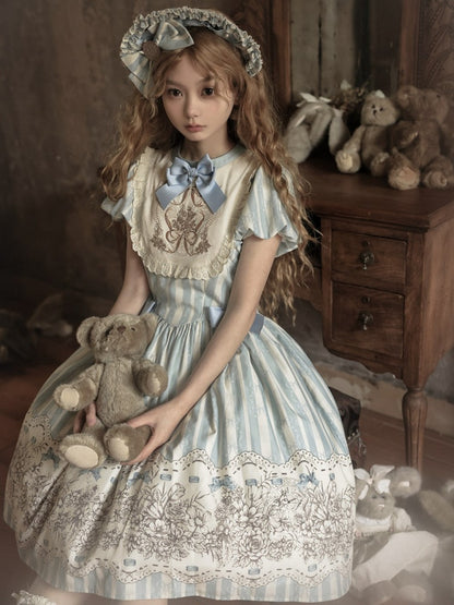 and Floral Blue Embroidery Classic One Bowknot Piece Striped Bodice Version Lolita Short Pattern