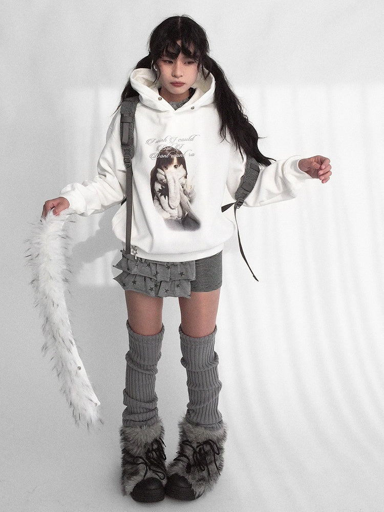 Hooded Detachable Girl Cartoon Print Trim Sweatshirt Hood Kawaii - Daily with Plush Letter