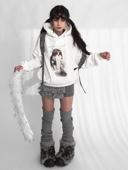 Hooded Detachable Girl Cartoon Print Trim Sweatshirt Hood Kawaii - Daily with Plush Letter