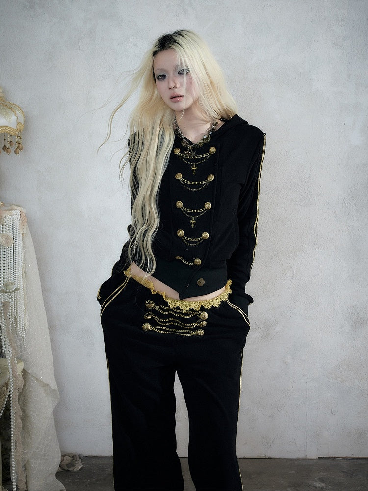 Black & Gold Double-Breasted Hooded Jacket with Chain Embroidery Details, Punk Fashion - NO ROMANCE