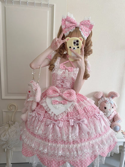 Old Bow Sweet Lolita Dots Kleid Rosa Polka Akzente Muster Schule Kurze Ärmel