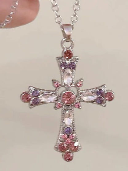 Halskette mit Kreuzanhänger in Neon-Regenbogen/Lila mit Strasssteinen