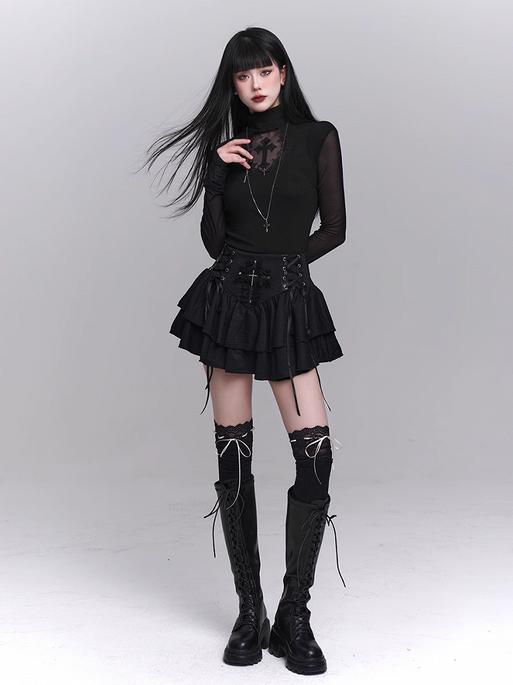 Sleeves Black Mock Neck Coffin-shaped Cutout Cross Applique Mesh