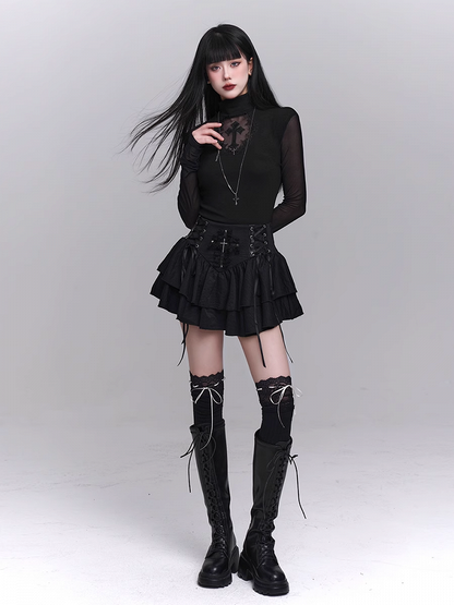 Sleeves Black Mock Neck Coffin-shaped Cutout Cross Applique Mesh