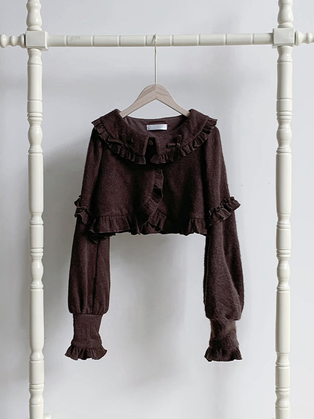 Ruffle for Autumn Winter Brown Trimming Cardigan and Cropped