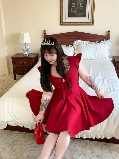 Plus Size V-Ausschnitt Kleid Flatterärmel Große Schleife Vorne Rot