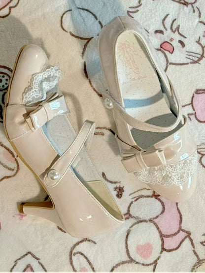 Fashion for Leather Bow Front Sweet Lolita Apricot PU High with Heels -