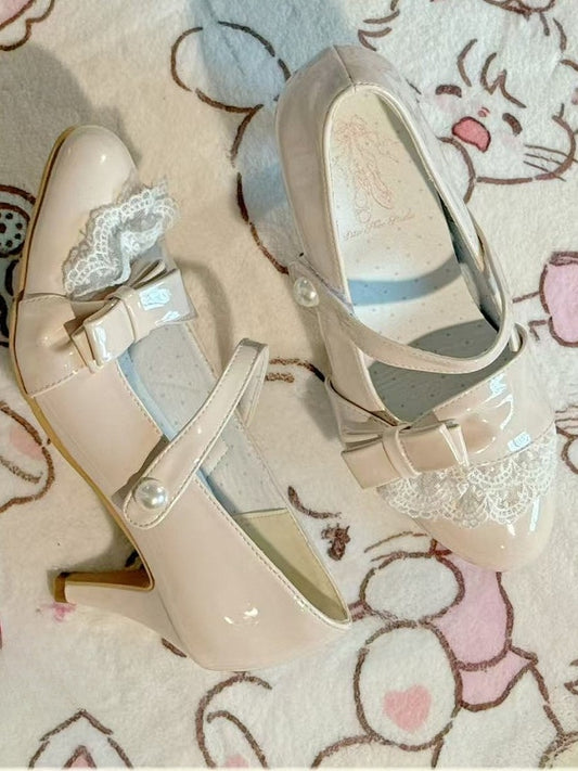 Fashion for Leather Bow Front Sweet Lolita Apricot PU High with Heels -