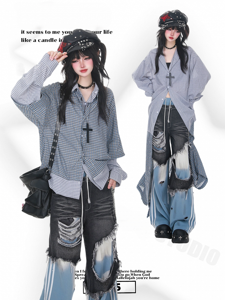 Ways Shirt-Two Wear Deconstructed Plaid Blue Faux Two-Piece