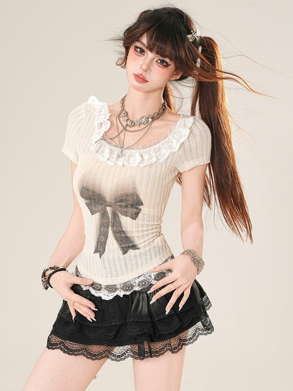 トリムTシャツ プリント 蝶結び デイリー レース かわいい ベージュ ニット