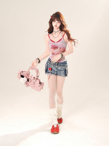 ピンク/ブルーの花柄セミシースルーホルターネックトップスとレッドチェック柄キャミソールセット