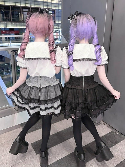 Black White Jirai Kei Sailor Collar Blouse with Lace Detail - Puppet Bombs
