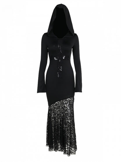 Halloween Cross Witch with Cut-Out Hooded Embroidered Floral Black Dress Lace Gothic