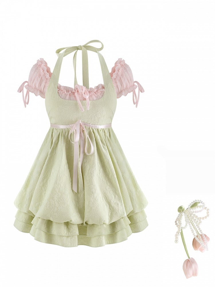 Robe Vert Rose à Licou Broche Fleurie - Sérendipité