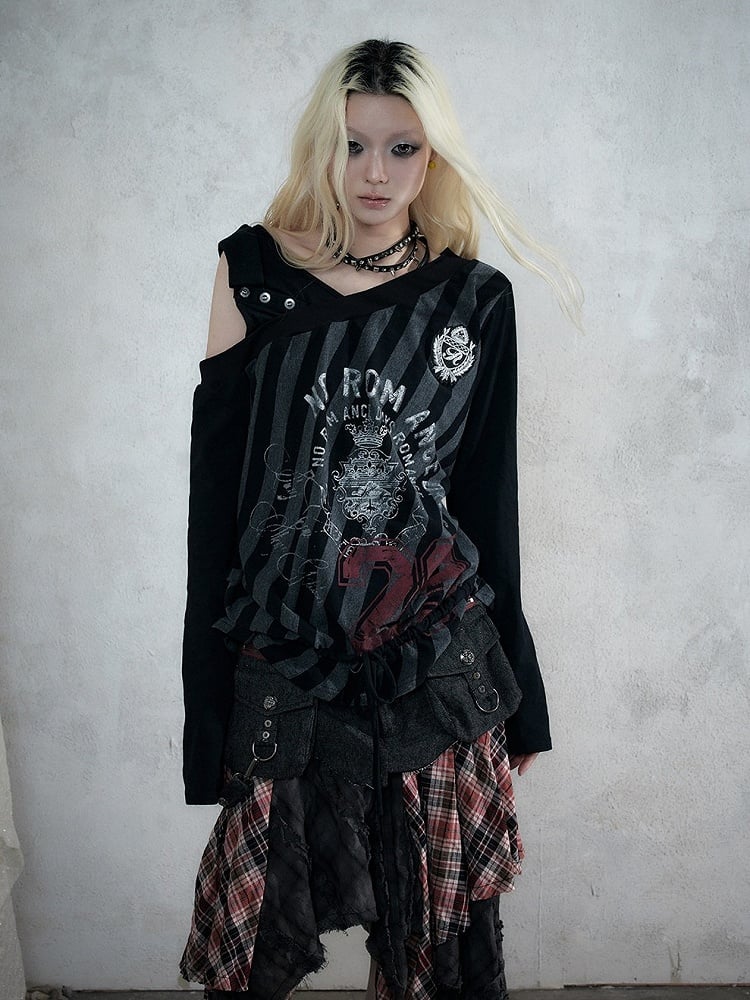 Black & Grey Striped Asymmetric Shoulder Long Sleeve Top with Letter Print & Drawstring Hem, Faux Two-Piece Punk Casual - NO ROMANCE