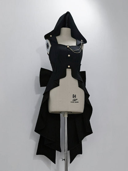 Bow Black with Ouji Train Back Fashion Big Waistcoat Hooded