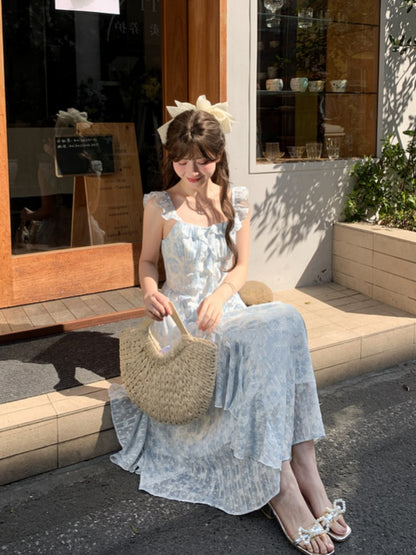 Sleeves Cascading Ruffle Accents Floral Sleeveless Dress Light Blue Flutter