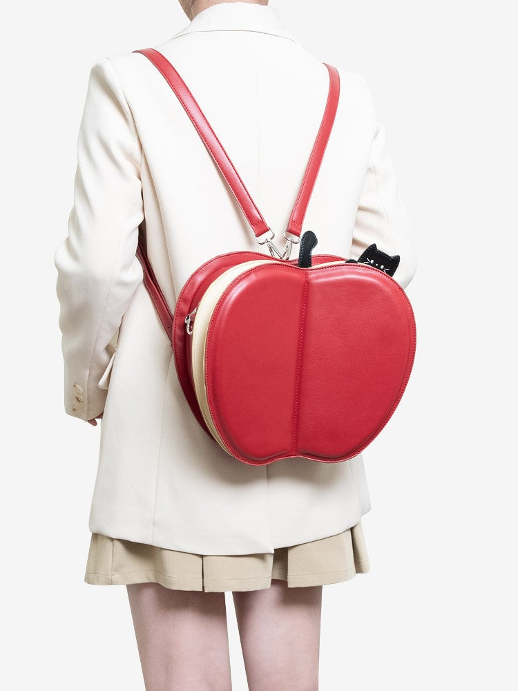 With Moon  Star Core And Cat Embroidery Red 2-Way Apple Flip Backpack Playful