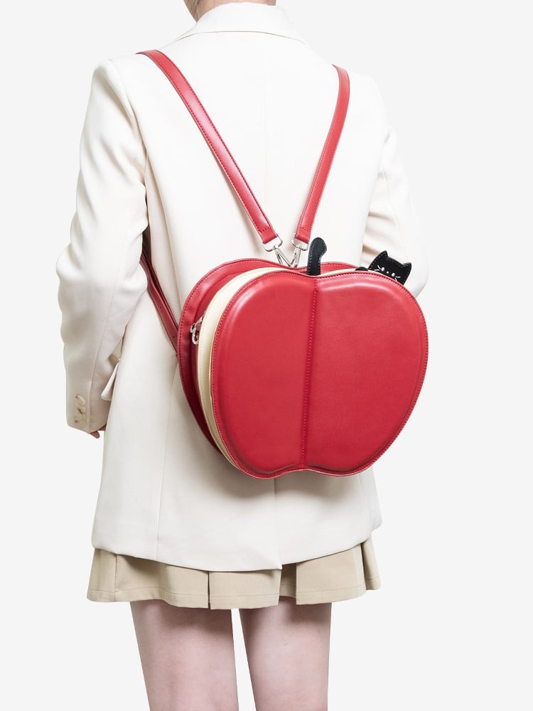Red Flip Moon 2-Way Apple And Embroidery Playful Star With Core Cat Backpack