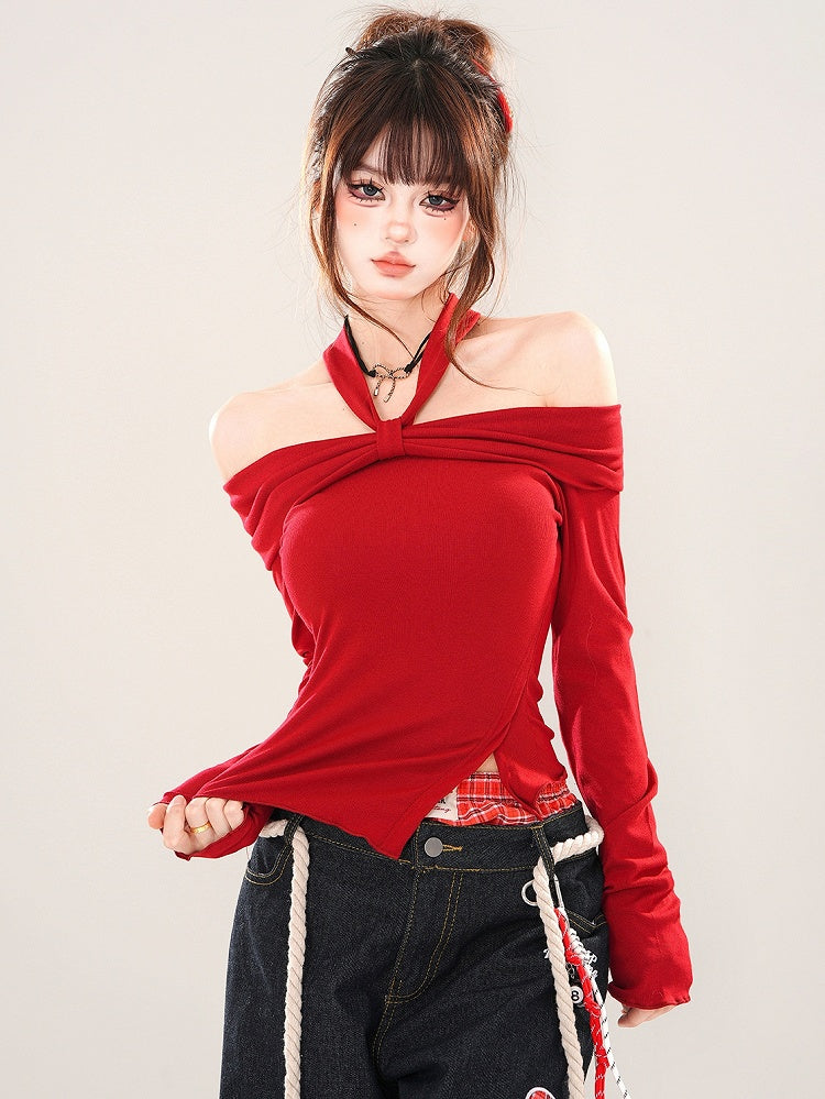 Black/Red Asymmetrical Slit Hem Halter Neck Top