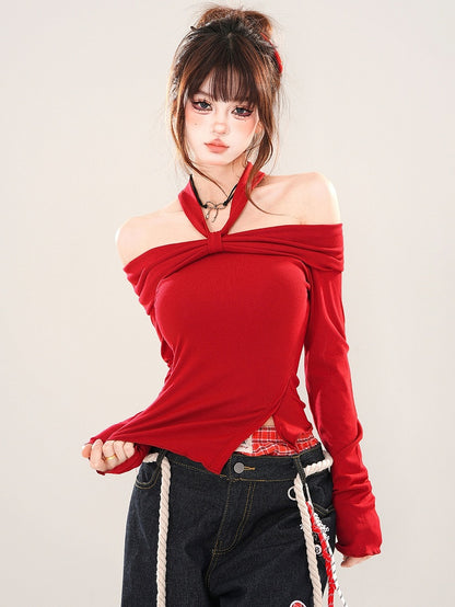 Black/Red Asymmetrical Slit Hem Halter Neck Top