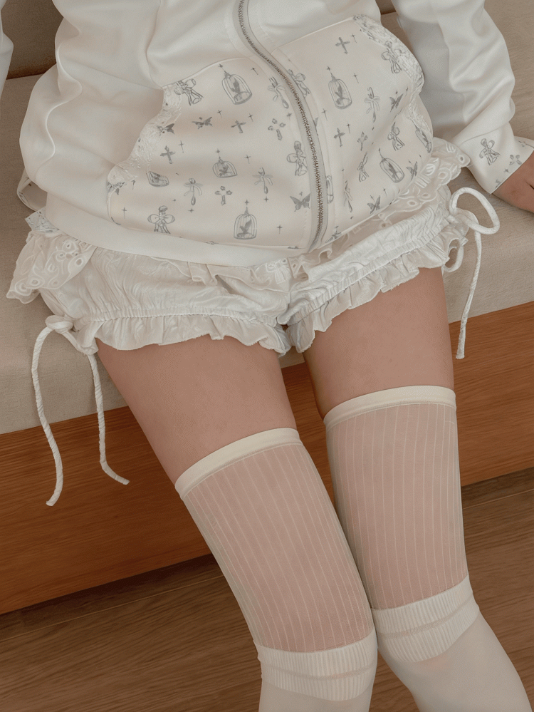 White Black / Striped Stockings with Vertical Semi-sheer Cuff