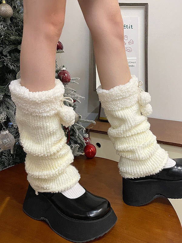 カーキ＆ブラウンのポンポン付きスウィートレッグウォーマー