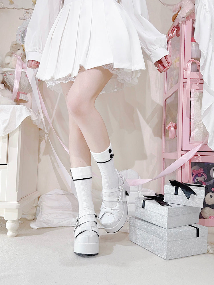 Polished White Bow at Top Rhinestone Buckles Platform Mary Jane Shoes
