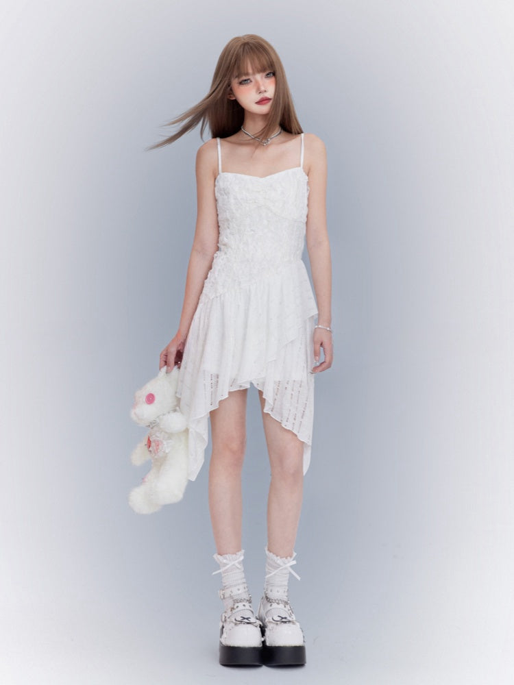 White Asymmetrical Waistline Handkerchief Hem Spaghetti Strap Dress