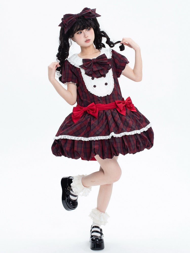 パターンパフスリーブレッドコットンバブルスカートチェック柄サマーロリータ