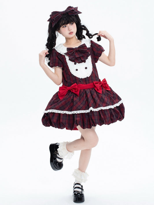Muster Puffärmel Roter Baumwoll-Ballerrock Plaid Sommer Lolita